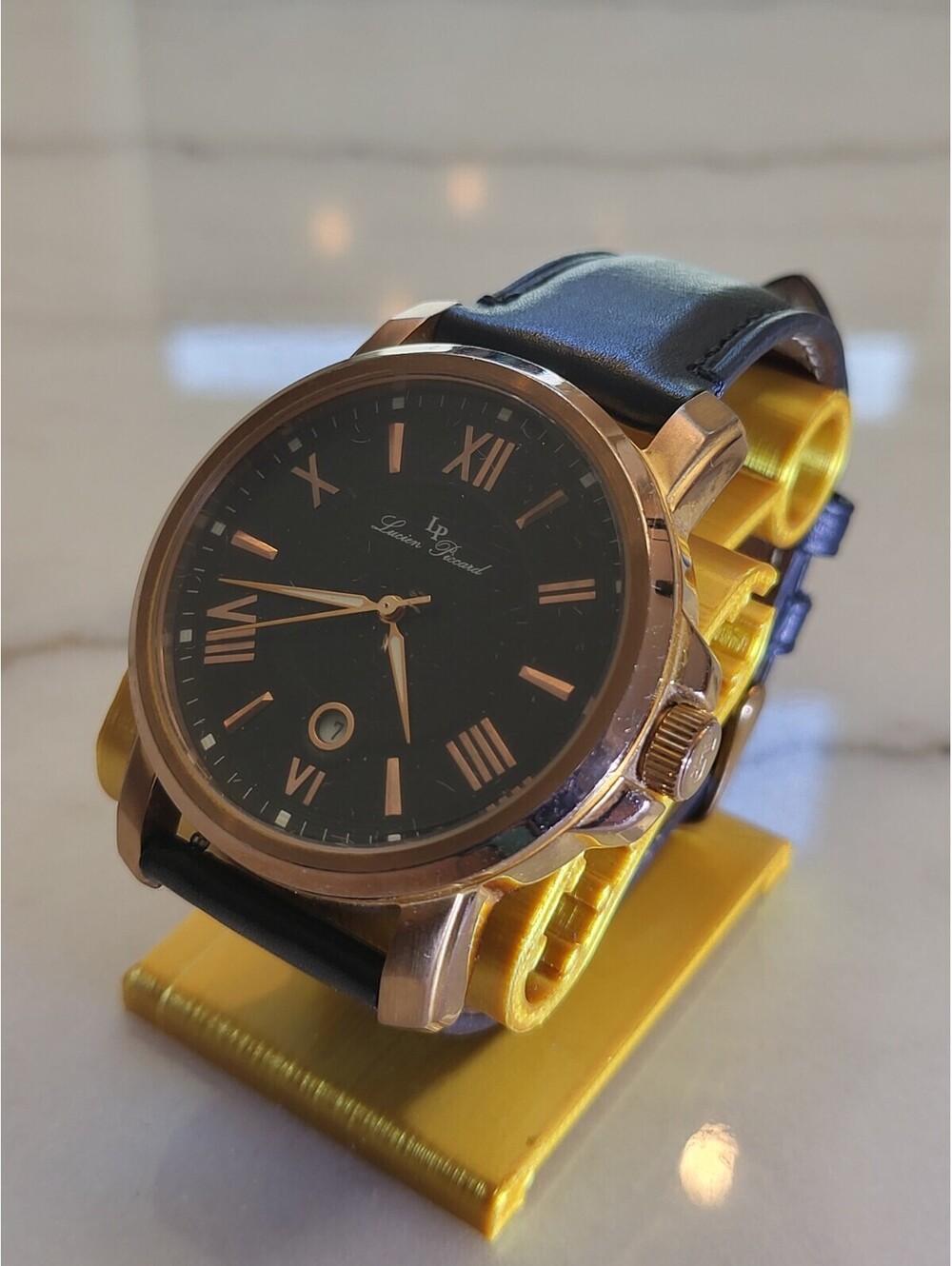 Lucien Piccard Cilindro Mens Black Dial Rose Gold Case Quartz Date Leather 42mm